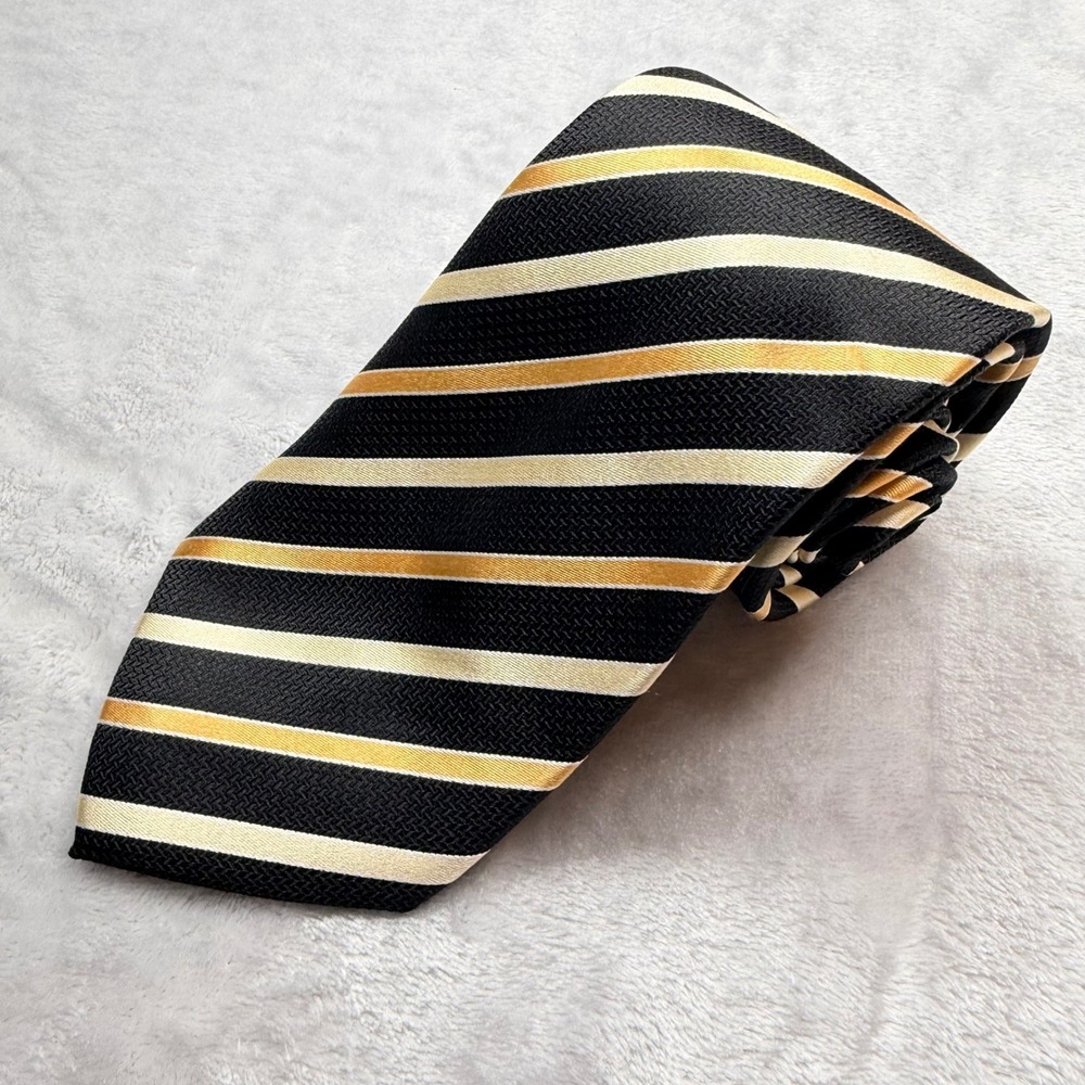 Sean John Mens Silk Necktie Black Gold Diagonal Stripe Formal Business Tie